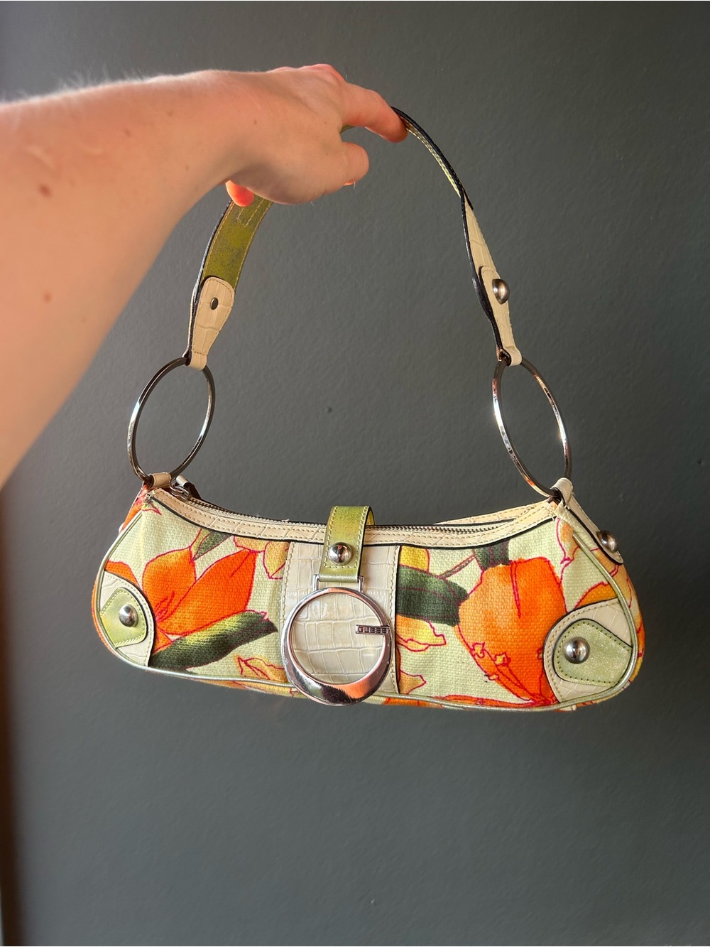 Vintage Guess Floral Orange and Cream Shoulder Bag with Silver Ring Detail
